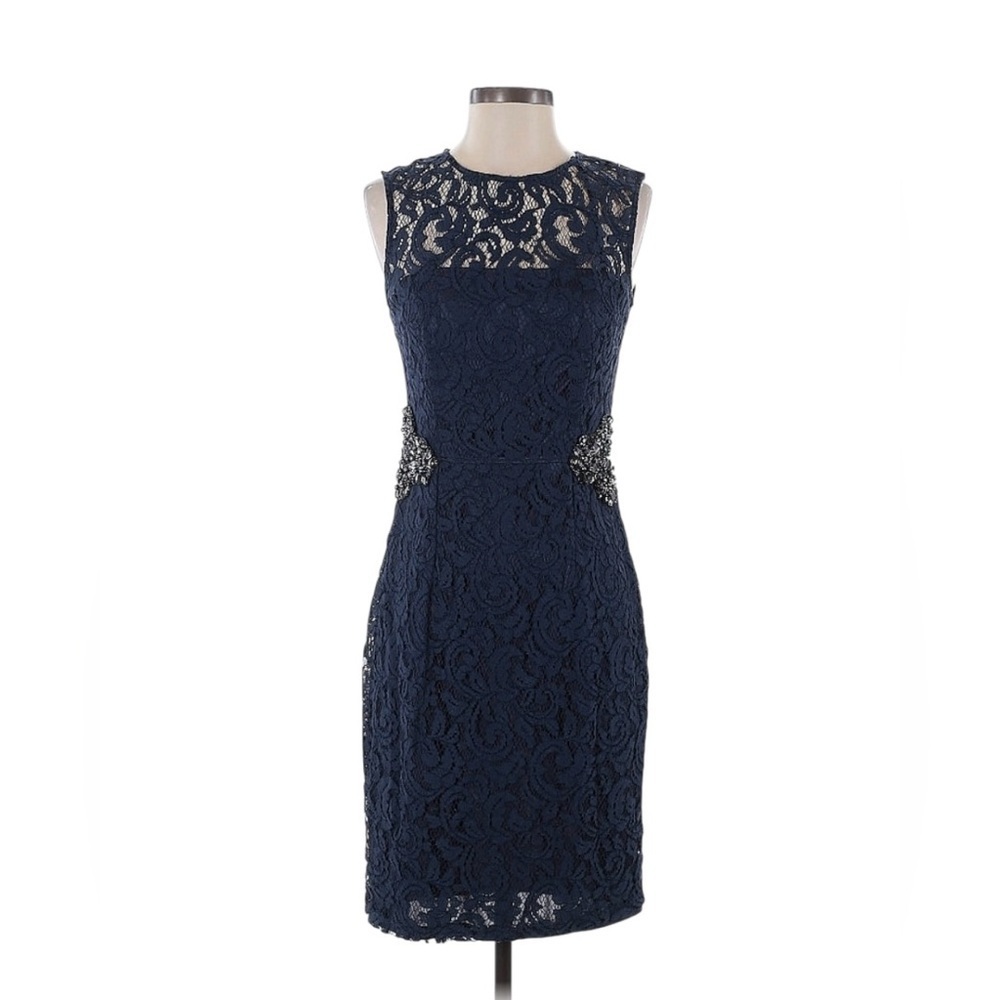 David Meister Elegant Navy Rhinestone Lace Sheath Dress Illusion Neckline Size 4